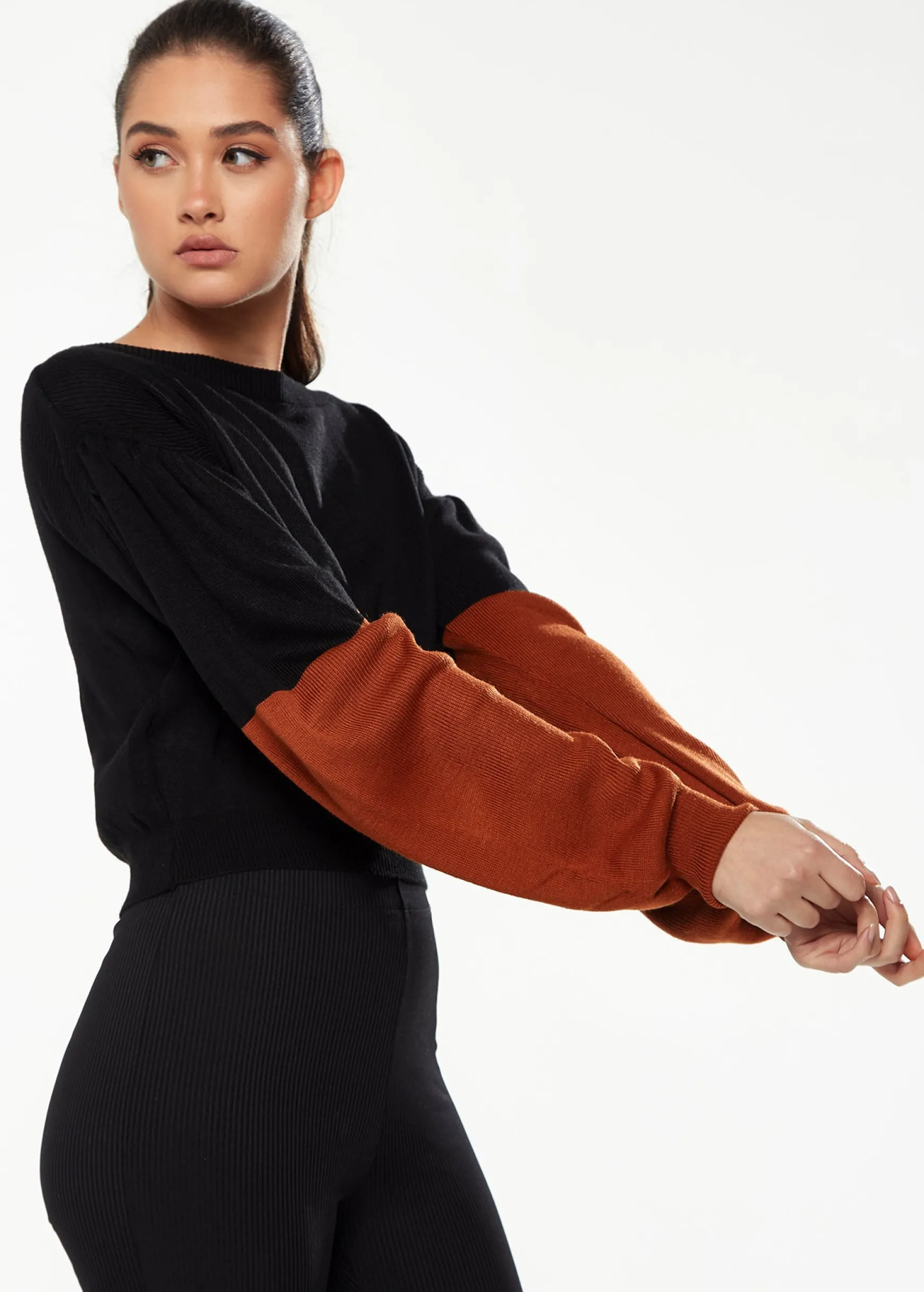 Women's Jumper in Black with Brown Contrast Balloon Sleeves, Cropped Length - Liquorish