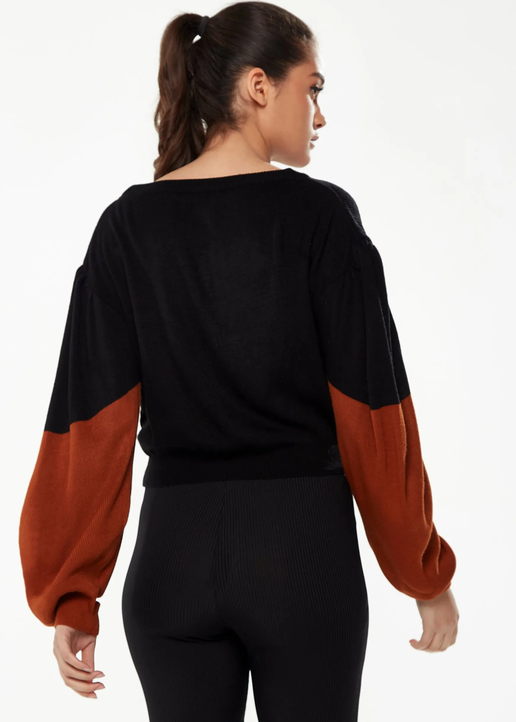 Women's Jumper in Black with Brown Contrast Balloon Sleeves, Cropped Length - Liquorish