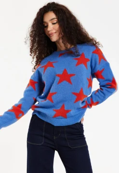 Women's Jumper in Blue with Full-Length Sleeves and Unique Red Star Pattern