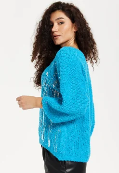 Women's Jumper in Blue with Loose Knit Design, Wide Sleeves & Metallic Detail for Effortless Style