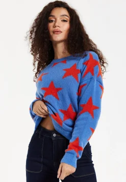 Women's Jumper in Blue with Full-Length Sleeves and Unique Red Star Pattern