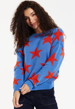 Women's Jumper in Blue with Full-Length Sleeves and Unique Red Star Pattern