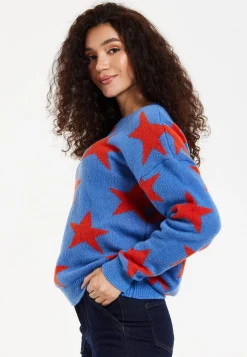 Women's Jumper in Blue with Full-Length Sleeves and Unique Red Star Pattern