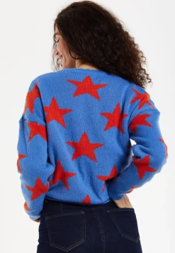 Women's Jumper in Blue with Full-Length Sleeves and Unique Red Star Pattern
