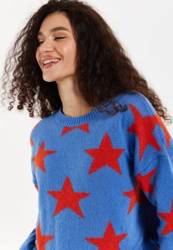 Women's Jumper in Blue with Full-Length Sleeves and Unique Red Star Pattern