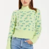Women's Jumper in Green with Fluffy Texture, Leopard Print, Turtle Neck, and Long Sleeves - Regular Fit