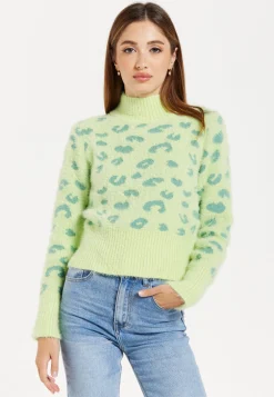 Women's Jumper in Green with Fluffy Texture, Leopard Print, Turtle Neck, and Long Sleeves - Regular Fit