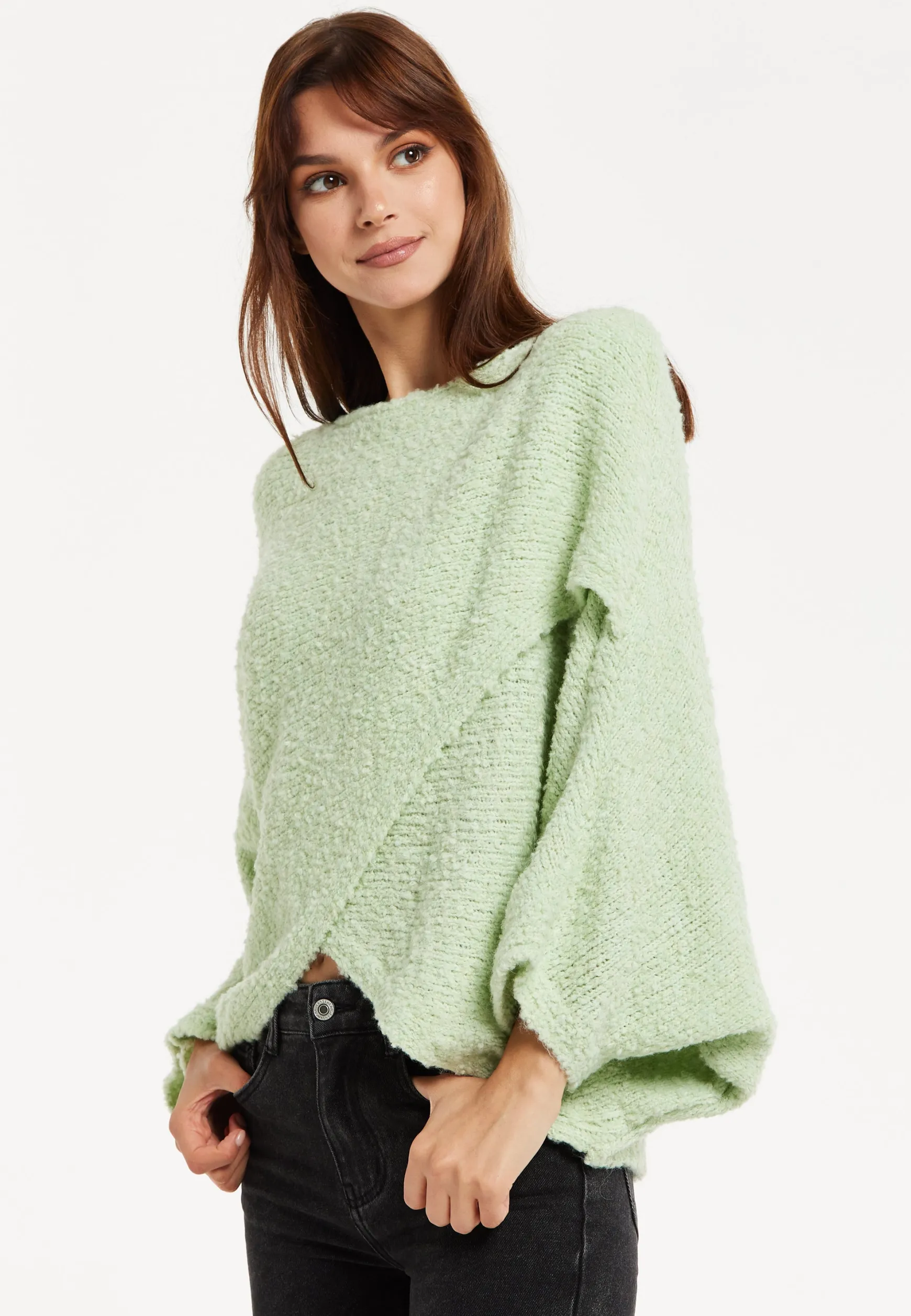 Women's Jumper in Green with Asymmetric Layered Shawl Design, Loose Fit, Long Sleeves, Crafted from Luxurious Blend of Fabrics