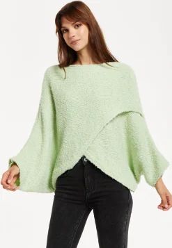 Women's Jumper in Green with Asymmetric Layered Shawl Design, Loose Fit, Long Sleeves, Crafted from Luxurious Blend of Fabrics