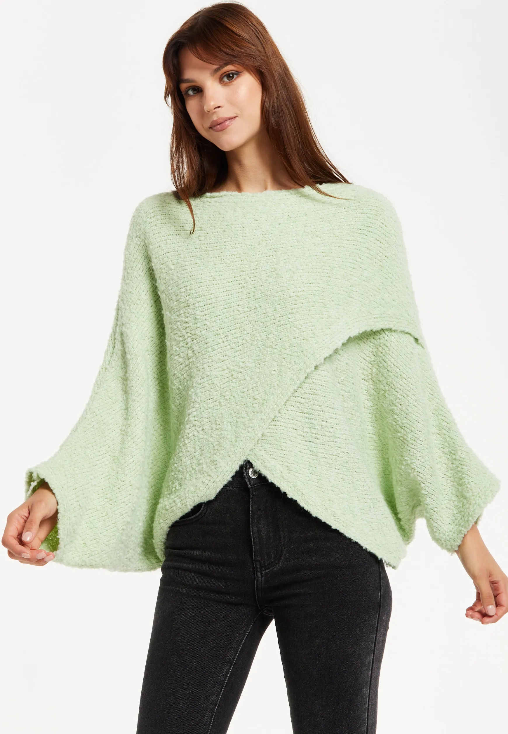 Women's Jumper in Green with Asymmetric Layered Shawl Design, Loose Fit, Long Sleeves, Crafted from Luxurious Blend of Fabrics