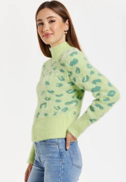 Women's Jumper in Green with Fluffy Texture, Leopard Print, Turtle Neck, and Long Sleeves - Regular Fit