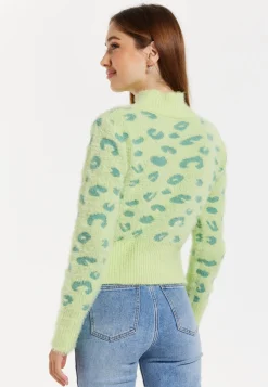 Women's Jumper in Green with Fluffy Texture, Leopard Print, Turtle Neck, and Long Sleeves - Regular Fit