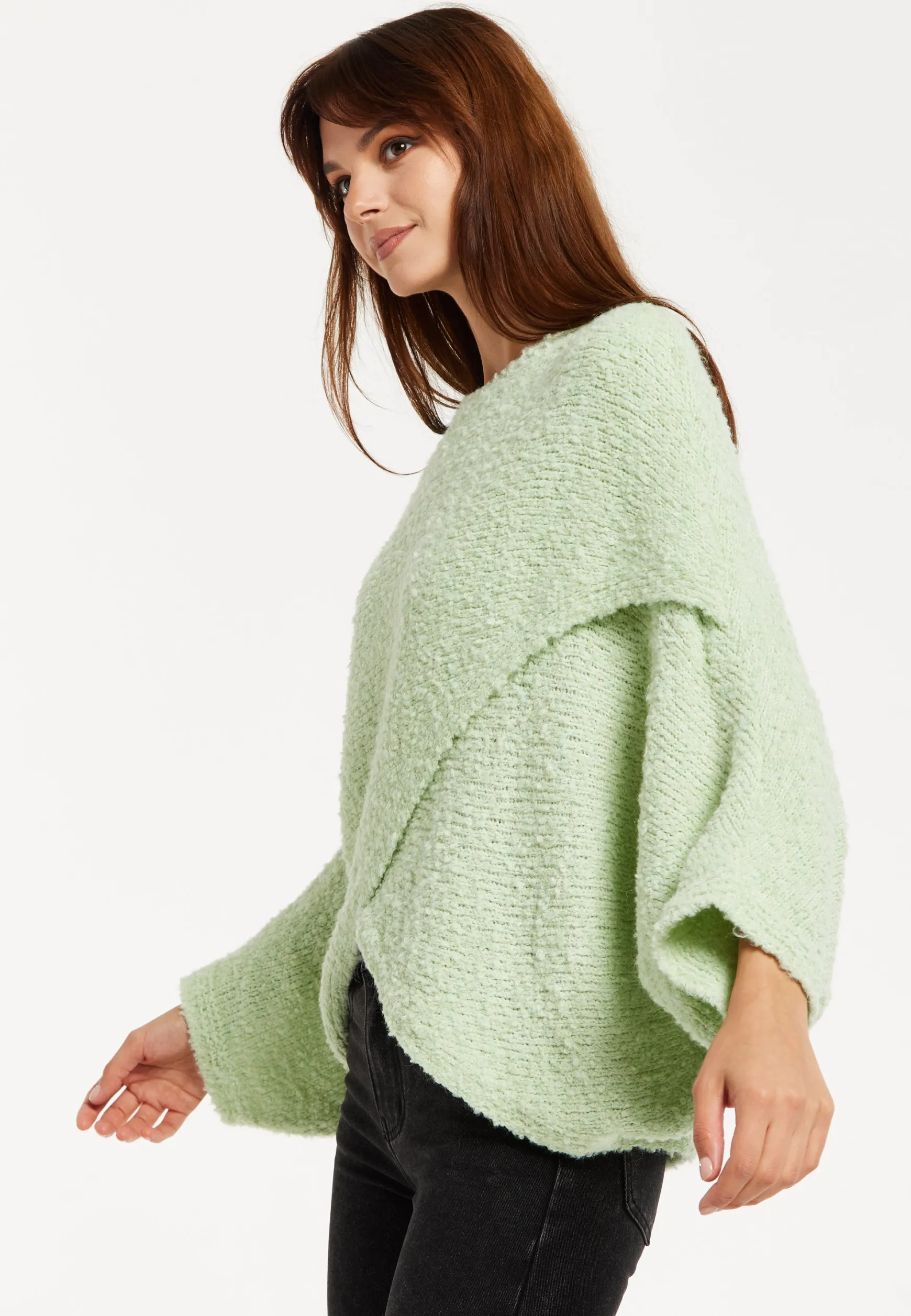 Women's Jumper in Green with Asymmetric Layered Shawl Design, Loose Fit, Long Sleeves, Crafted from Luxurious Blend of Fabrics
