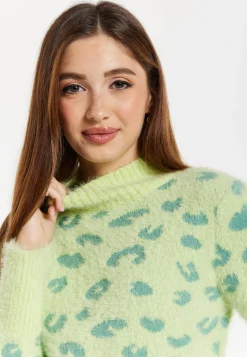 Women's Jumper in Green with Fluffy Texture, Leopard Print, Turtle Neck, and Long Sleeves - Regular Fit