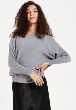 Women's Jumper in Light Grey with Back Pearl-Button Detail and Batwing Sleeves, Perfect for Effortless Style and Comfort - Liquorish