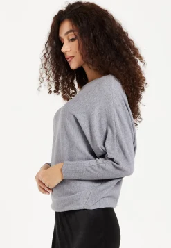 Women's Jumper in Light Grey with Back Pearl-Button Detail and Batwing Sleeves, Perfect for Effortless Style and Comfort - Liquorish