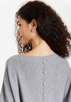 Women's Jumper in Light Grey with Back Pearl-Button Detail and Batwing Sleeves, Perfect for Effortless Style and Comfort - Liquorish