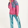 Women's Jumper in Pink and Turquoise with Extended Shoulder Sleeves - Liquorish Animal Pattern Roll Neck Design