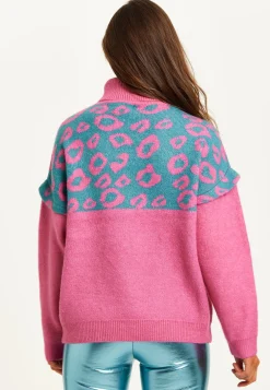 Women's Jumper in Pink and Turquoise with Extended Shoulder Sleeves - Liquorish Animal Pattern Roll Neck Design