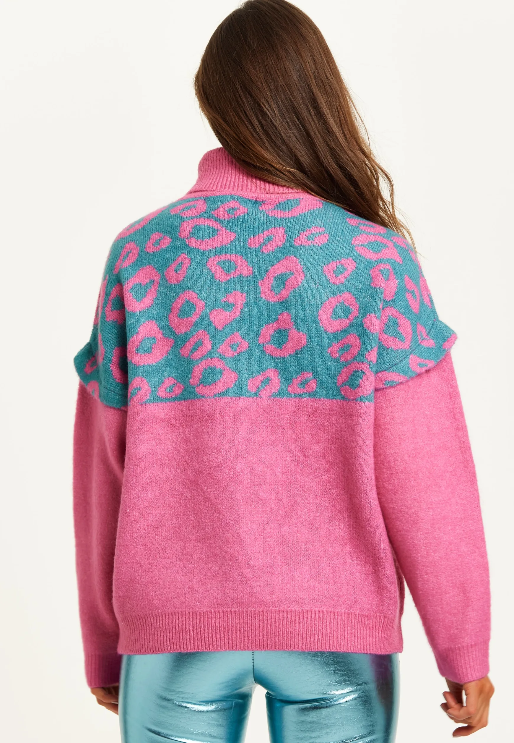 Women's Jumper in Pink and Turquoise with Extended Shoulder Sleeves - Liquorish Animal Pattern Roll Neck Design
