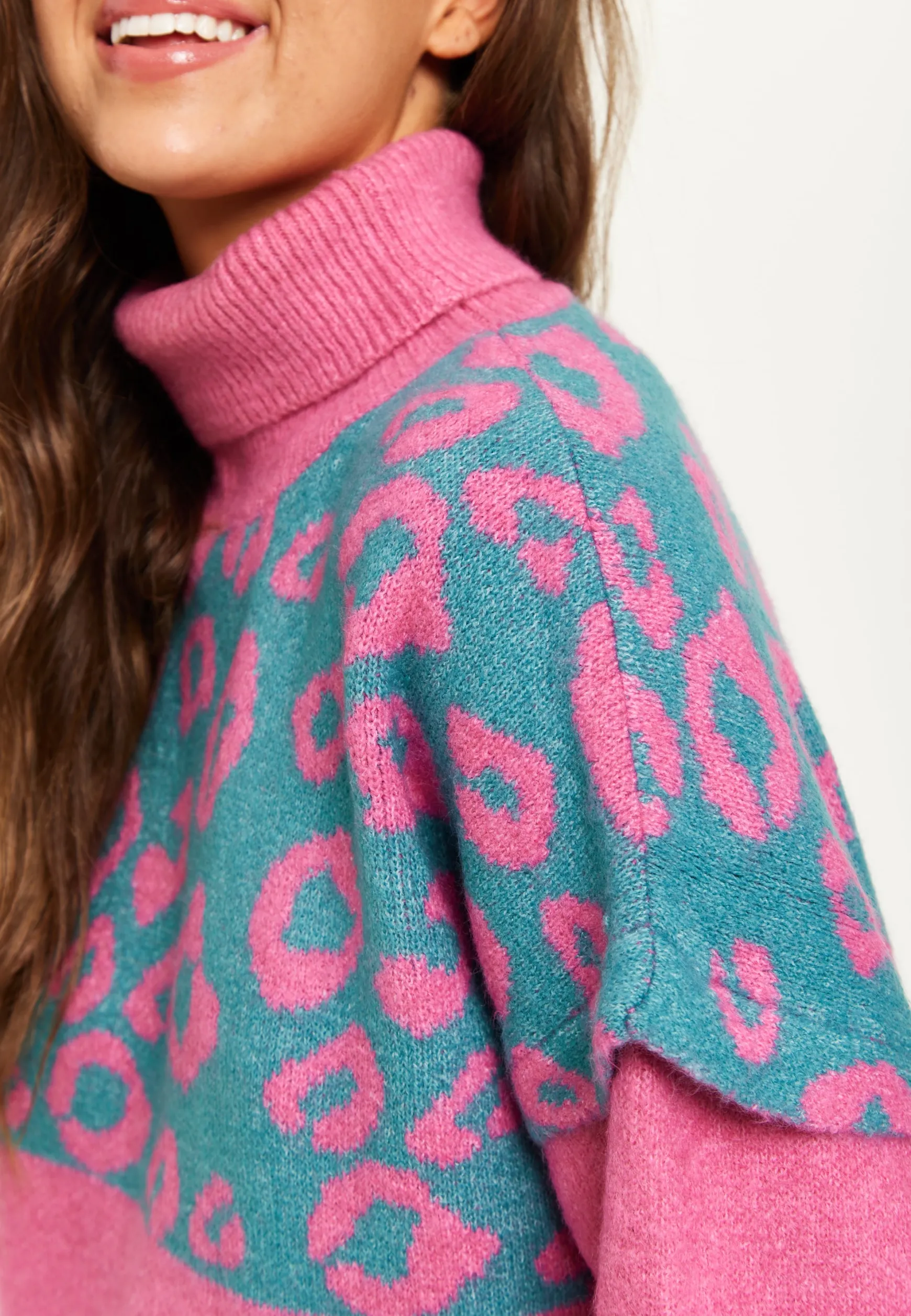 Women's Jumper in Pink and Turquoise with Extended Shoulder Sleeves - Liquorish Animal Pattern Roll Neck Design