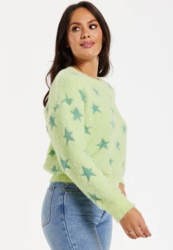Women's Jumper in Pistachio - Fluffy Long Sleeve with Eye-Catching Star Pattern by Liquorish