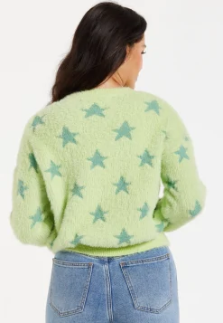 Women's Jumper in Pistachio - Fluffy Long Sleeve with Eye-Catching Star Pattern by Liquorish