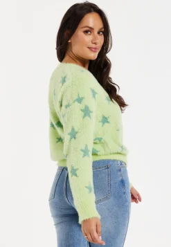 Women's Jumper in Pistachio - Fluffy Long Sleeve with Eye-Catching Star Pattern by Liquorish