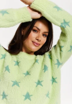 Women's Jumper in Pistachio - Fluffy Long Sleeve with Eye-Catching Star Pattern by Liquorish