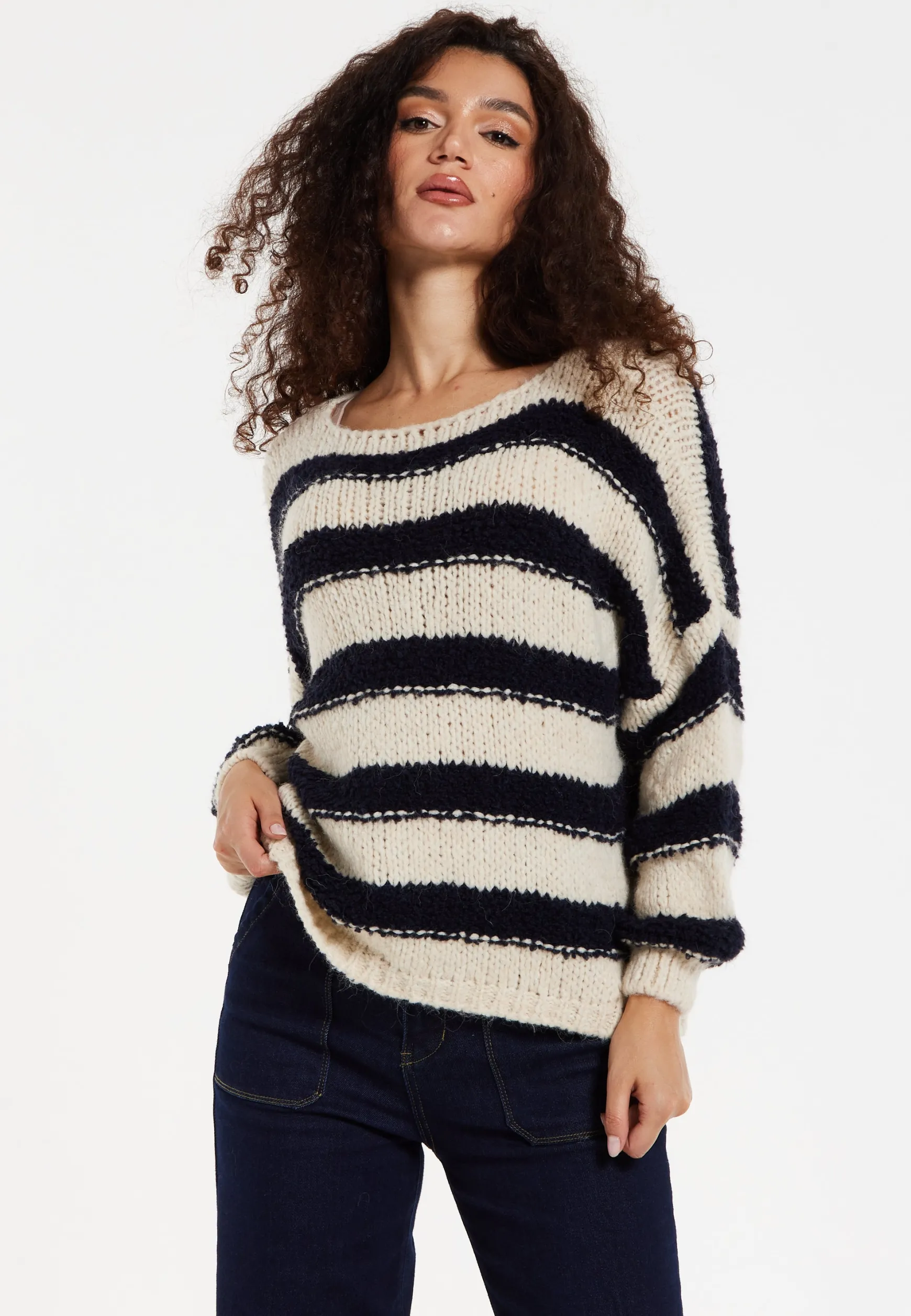Women's Jumper in White and Black Stripes - Oversized, Super Soft Alpaca Knit with Long Sleeves, Cozy Chic Design by Liquorish