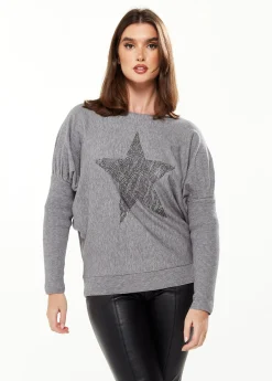 Women's Jumper Light Grey with Sparkly Zebra Star, Fitted Sleeves, Boat Neck Design, Loose Fit, Stud Detail