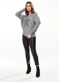 Women's Jumper Light Grey with Sparkly Zebra Star, Fitted Sleeves, Boat Neck Design, Loose Fit, Stud Detail
