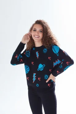 Women's Jumper with Cosmic Pattern and Button-Down Detail, Regular Fit, Long Sleeve, Soft - Liquorish