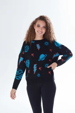 Women's Jumper with Cosmic Pattern and Button-Down Detail, Regular Fit, Long Sleeve, Soft  - Liquorish