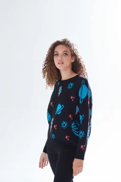 Women's Jumper with Cosmic Pattern and Button-Down Detail, Regular Fit, Long Sleeve, Soft  - Liquorish