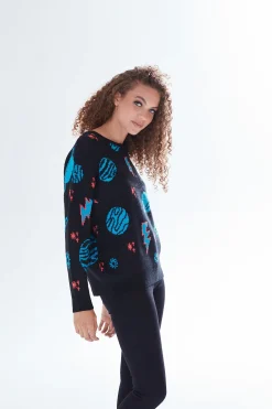 Women's Jumper with Cosmic Pattern and Button-Down Detail, Regular Fit, Long Sleeve, Soft  - Liquorish