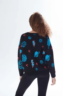 Women's Jumper with Cosmic Pattern and Button-Down Detail, Regular Fit, Long Sleeve, Soft  - Liquorish