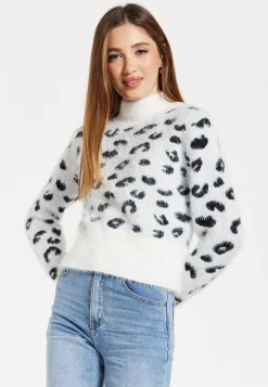 Women's Jumper with Fluffy Leopard Print in Black and White, Turtle Neck, Long Sleeves, Regular Fit