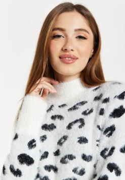Women's Jumper with Fluffy Leopard Print in Black and White, Turtle Neck, Long Sleeves, Regular Fit