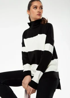 Women's Jumper with Full-Length Sleeves in Black & White - Cozy Roll Neck Design by Liquorish