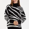 Women's Jumper with Long Sleeves in Mono Zebra Pattern - High Neck Design for Warmth and Comfort, Liquorish