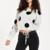 Women's Jumper with Long Sleeves, Waist Tie, Contrast Neckline & Cuffs - White with Black Polka Dots by Liquorish