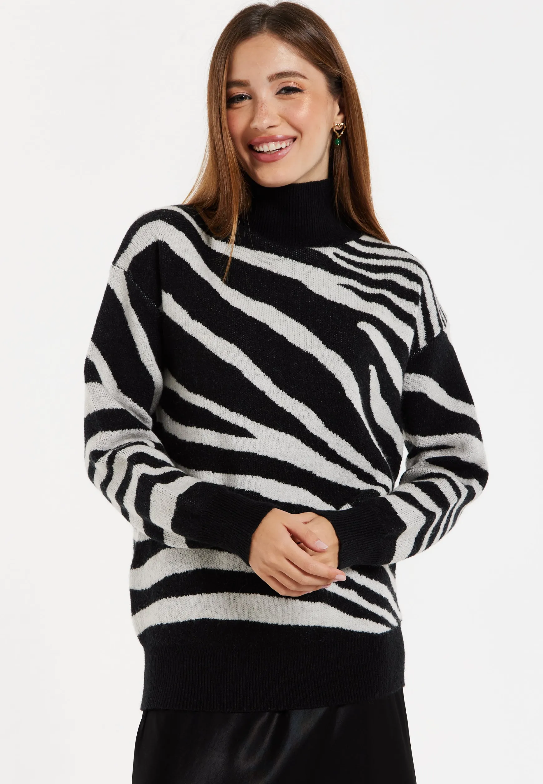 Women's Jumper with Long Sleeves in Mono Zebra Pattern - High Neck Design for Warmth and Comfort, Liquorish