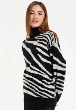 Women's Jumper with Long Sleeves in Mono Zebra Pattern - High Neck Design for Warmth and Comfort, Liquorish