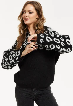 Women's Jumper with Long Sleeves and Front Zip, Black and White Jacquard Animal Pattern, by Liquorish