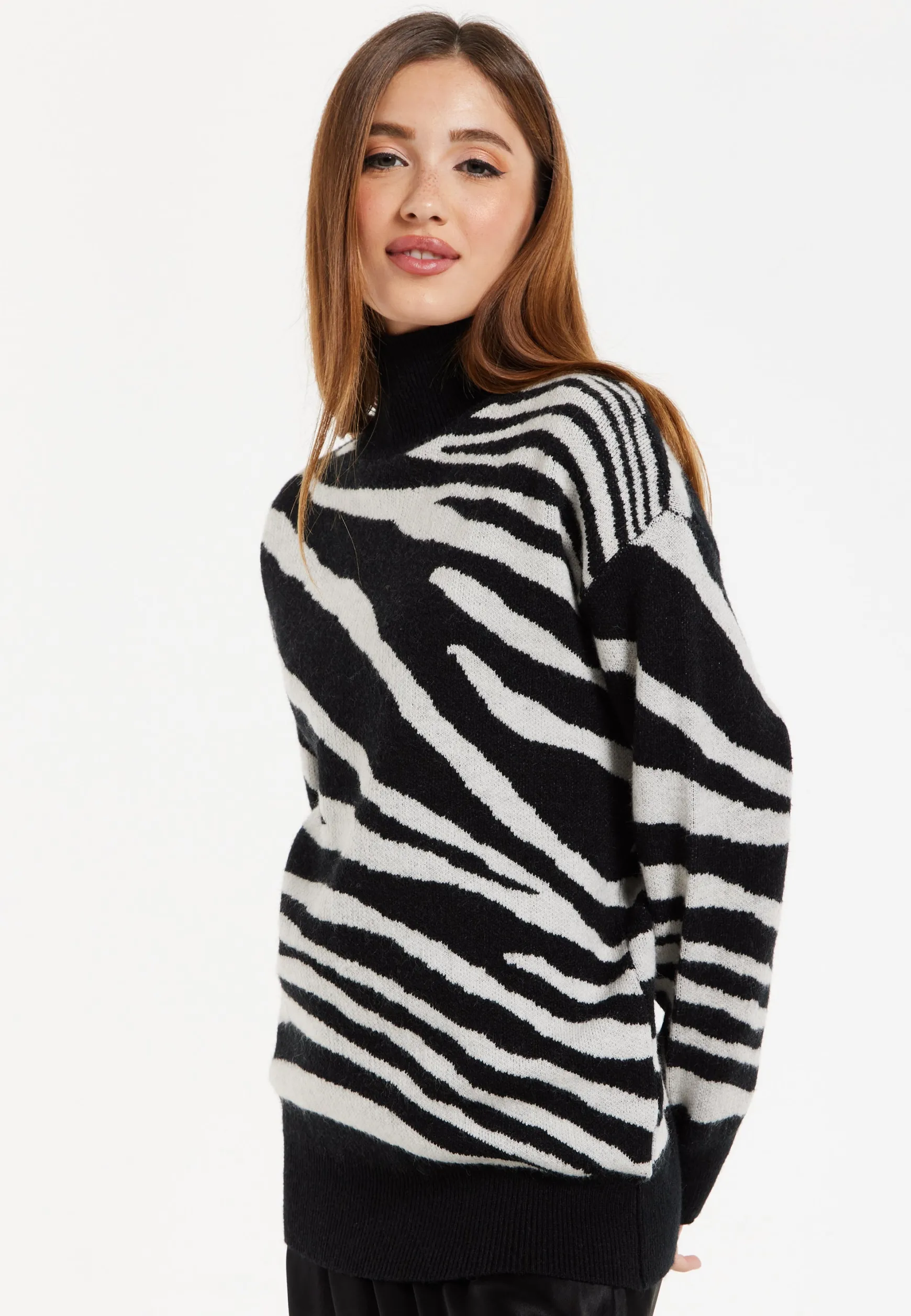 Women's Jumper with Long Sleeves in Mono Zebra Pattern - High Neck Design for Warmth and Comfort, Liquorish