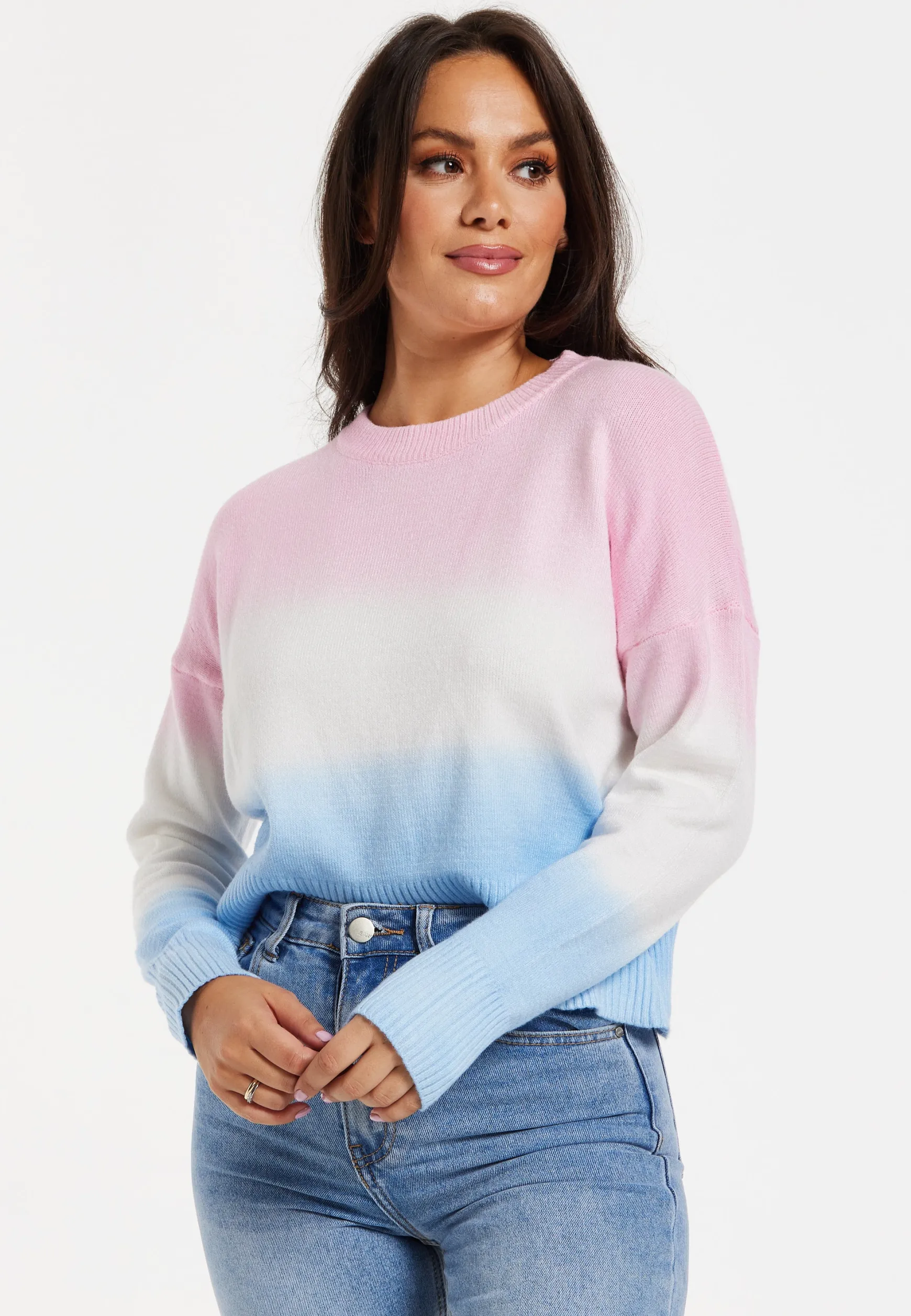 Women's Jumper with Long Sleeves in Ombre Pink, White, and Blue - Soft and Cozy Regular Fit Design