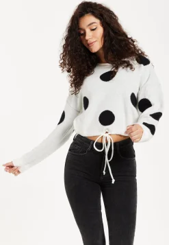 Women's Jumper with Long Sleeves, Waist Tie, Contrast Neckline & Cuffs - White with Black Polka Dots by Liquorish