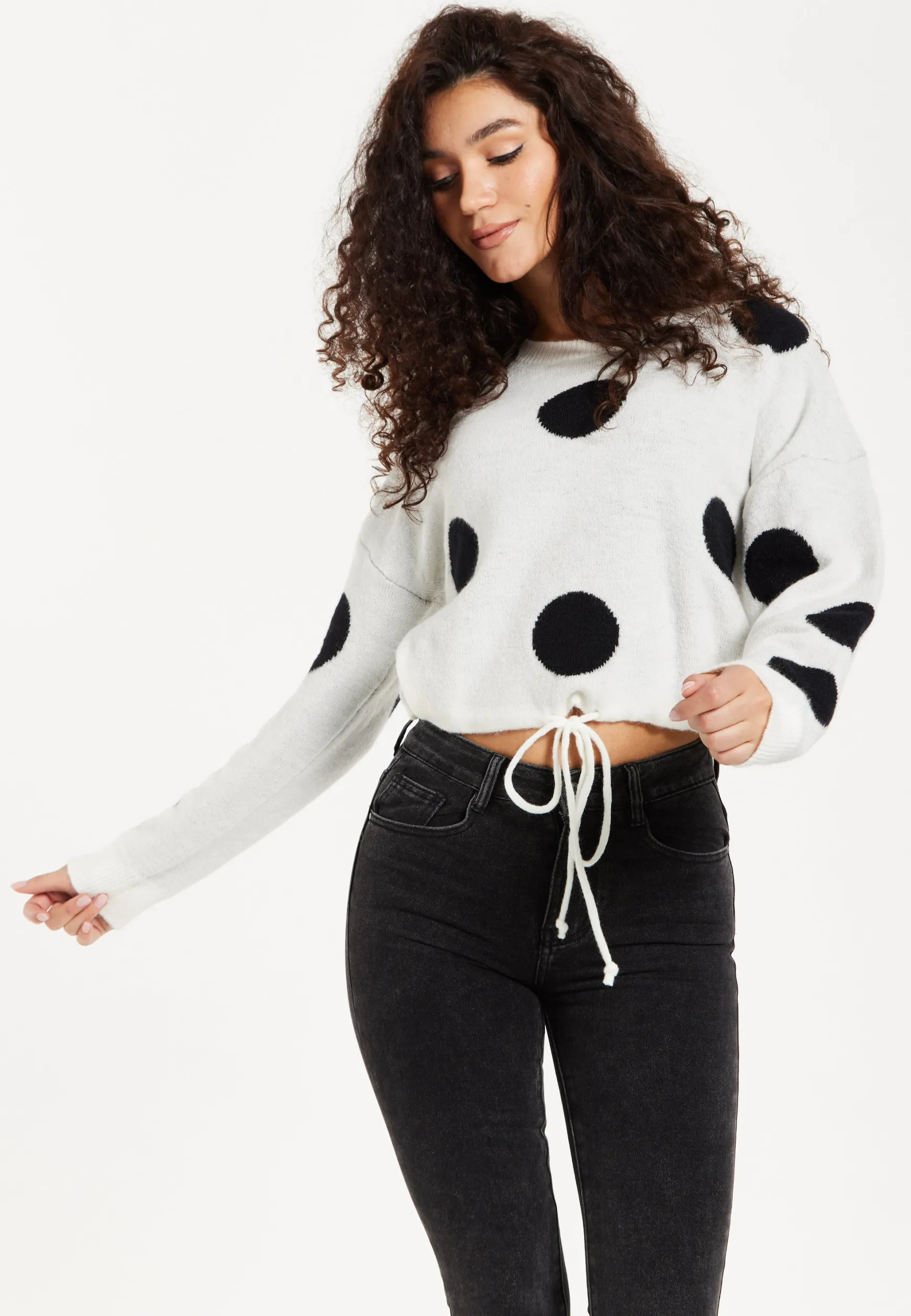 Women's Jumper with Long Sleeves, Waist Tie, Contrast Neckline & Cuffs - White with Black Polka Dots by Liquorish