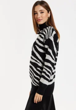 Women's Jumper with Long Sleeves in Mono Zebra Pattern - High Neck Design for Warmth and Comfort, Liquorish